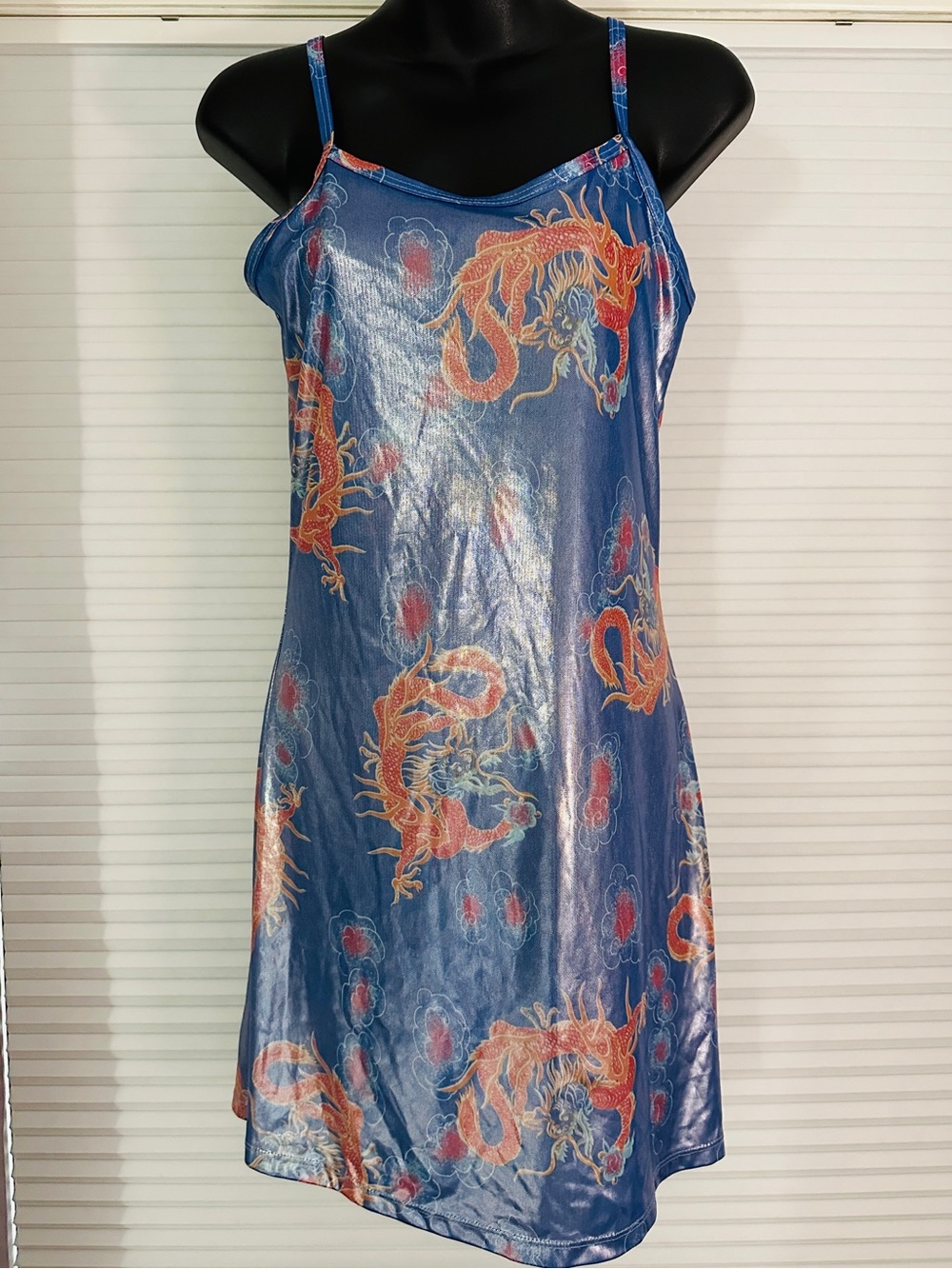 Vintage Rave City 90s Y2K Shimmery Metallic Slip Dress Dragons Made in USA Sz M